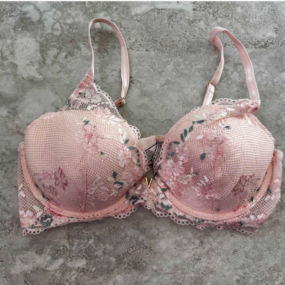 Victorias Secret Dream Angels Pink Floral Embroidered Mesh Plunge Bra 38C 326048
